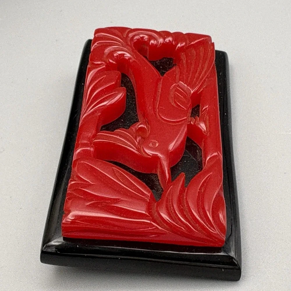 Vintage Carved Red Bakelite Brooch Bird Red Black Laminated Chunky Gorgeous!